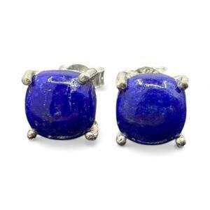 Natural Blue Lapis Cabochon Stud Earrings 925 Sterling Silver Handmade